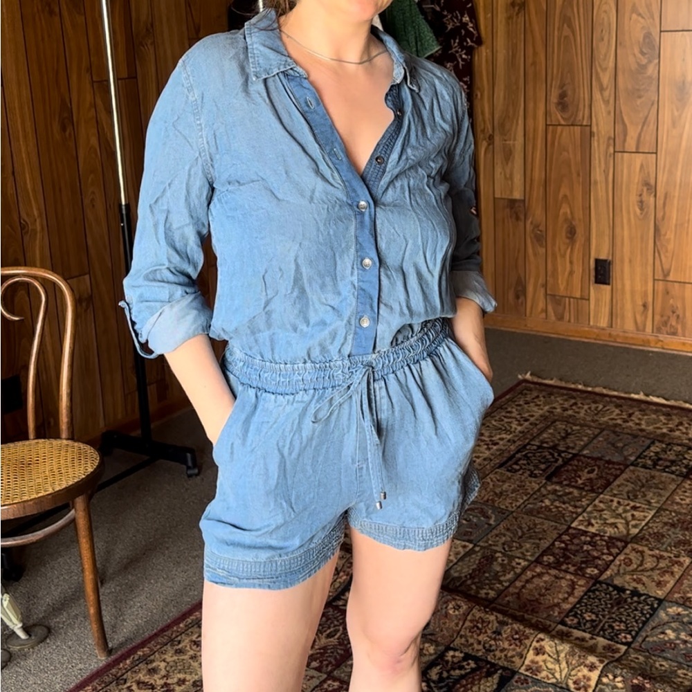 Chambray Denim Romper - Button Down, Rolled Sleeves, Sexy Street Style